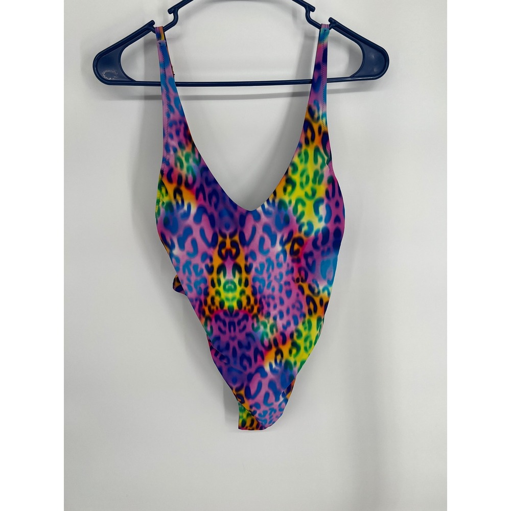 RELLECIGA Womens Rainbow Leopard Print One Piece Swimsuit High Cut V-Neck Size M
